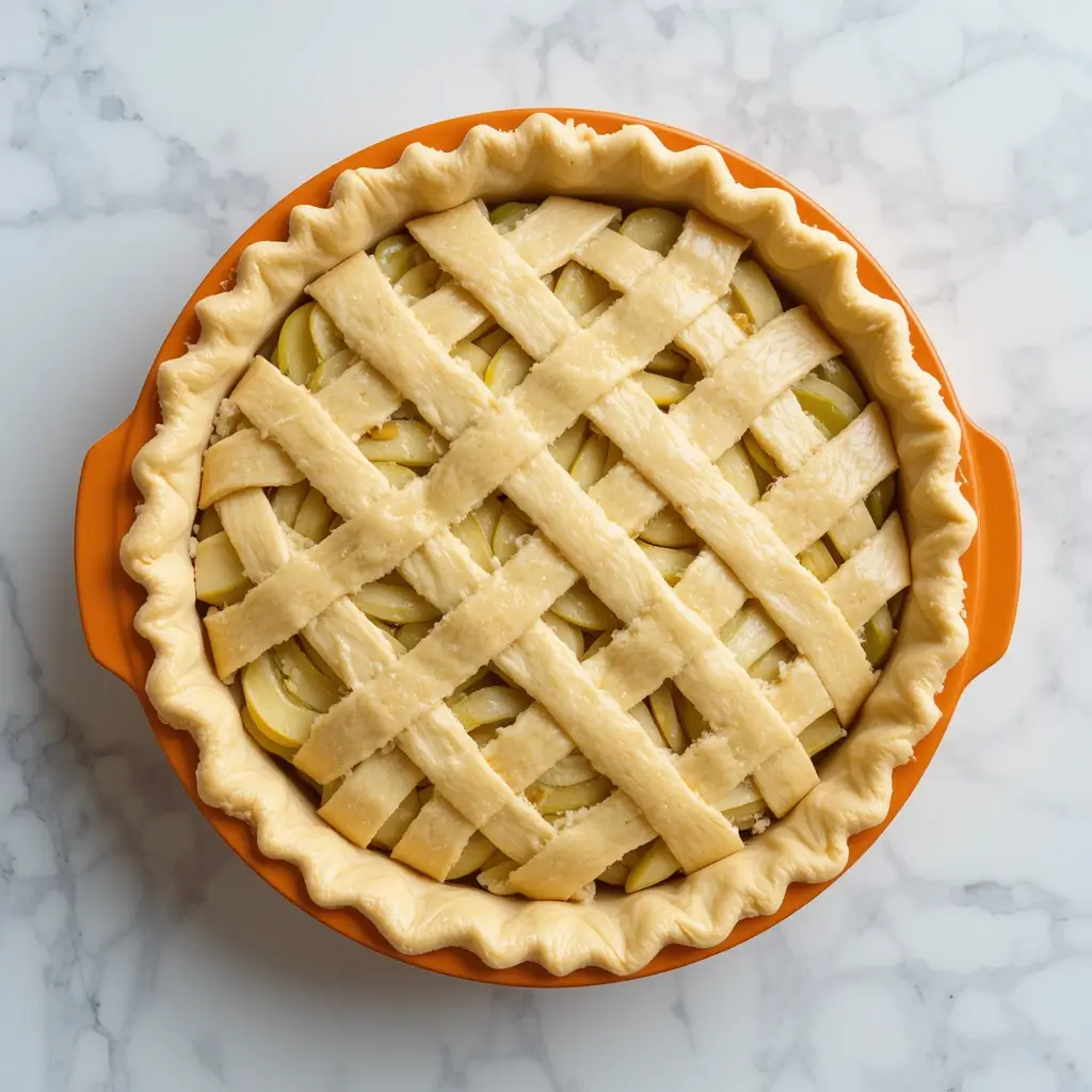 Overhead view of an unbaked apple pie in an orange dish, its lattice crust glistening with egg wash, ready for baking on a white marble surface