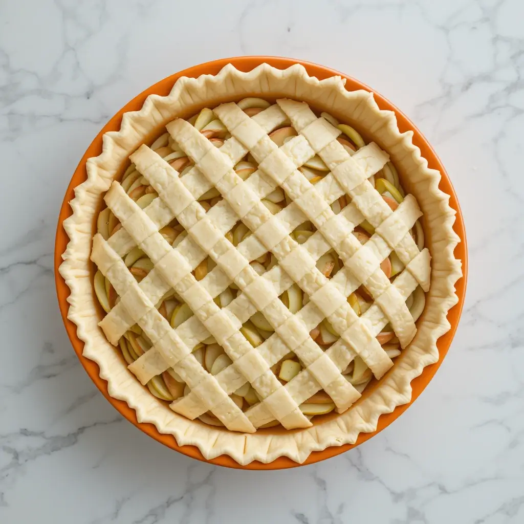 Overhead view of uncooked apple pie in an orange dish during lattice top assembly; vertical dough strips cross over apple filling, extra dough strip beside.
