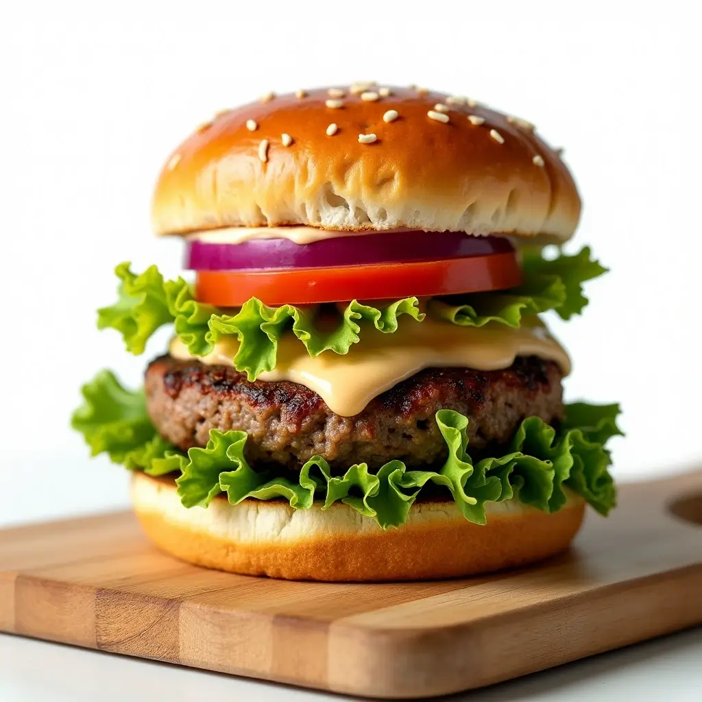 Close-up of a juicy burger stacked high on a wooden cutting board, featuring lettuce, a grilled beef patty drizzled with creamy sauce, tomato slice, red onion, and a sesame seed bun against a bright white background